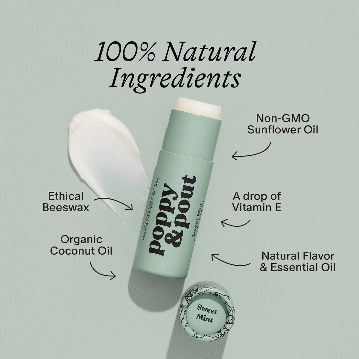 Poppy & Pout natural lip balm in Sweet Mint, eco-friendly tube, view 4