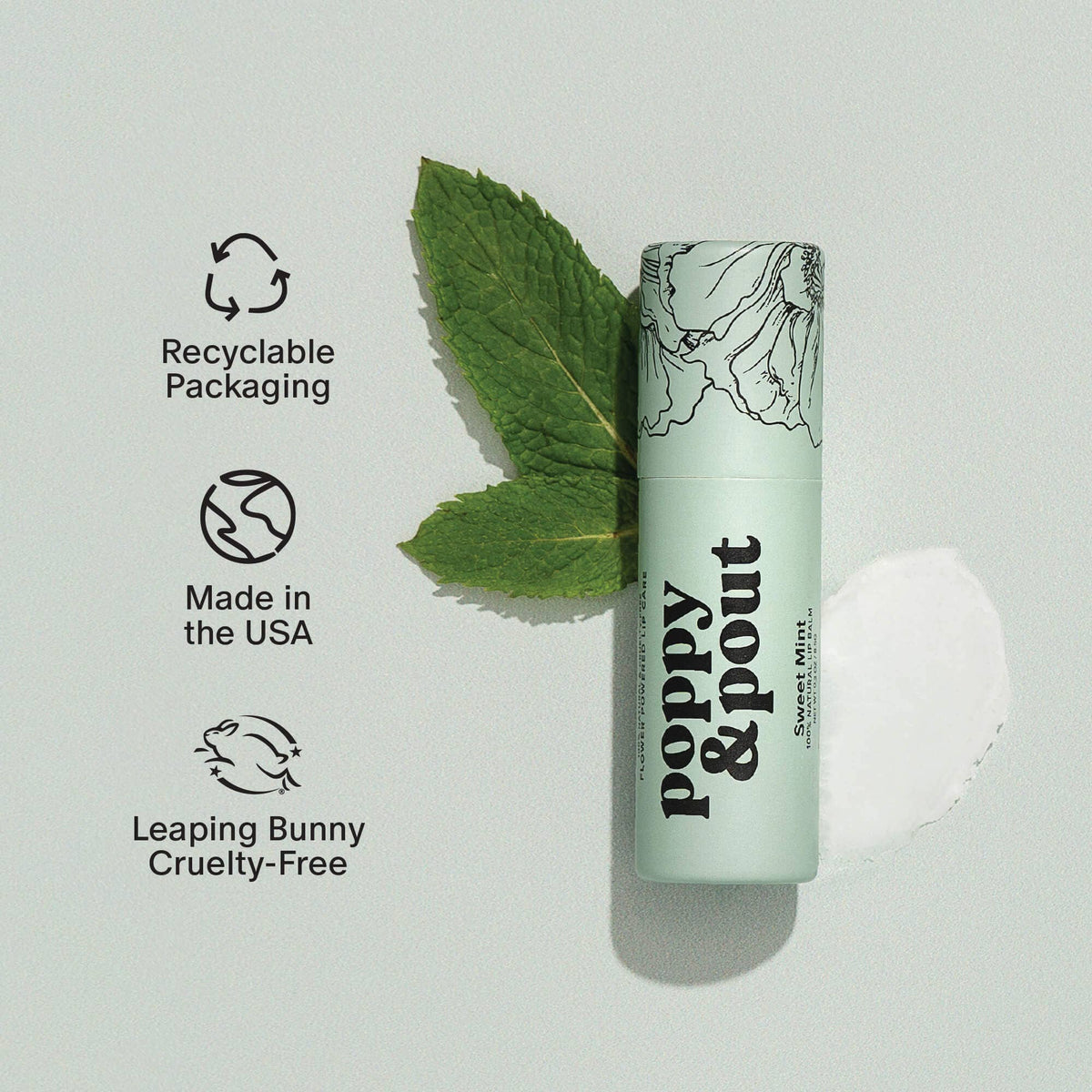 Poppy & Pout natural lip balm in Sweet Mint, eco-friendly tube, view 5
