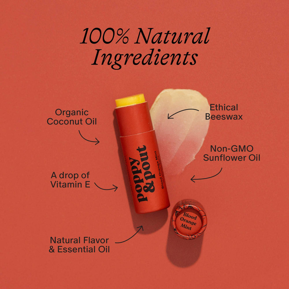 Poppy & Pout natural lip balm in Blood Orange Mint, eco-friendly tube, view 3