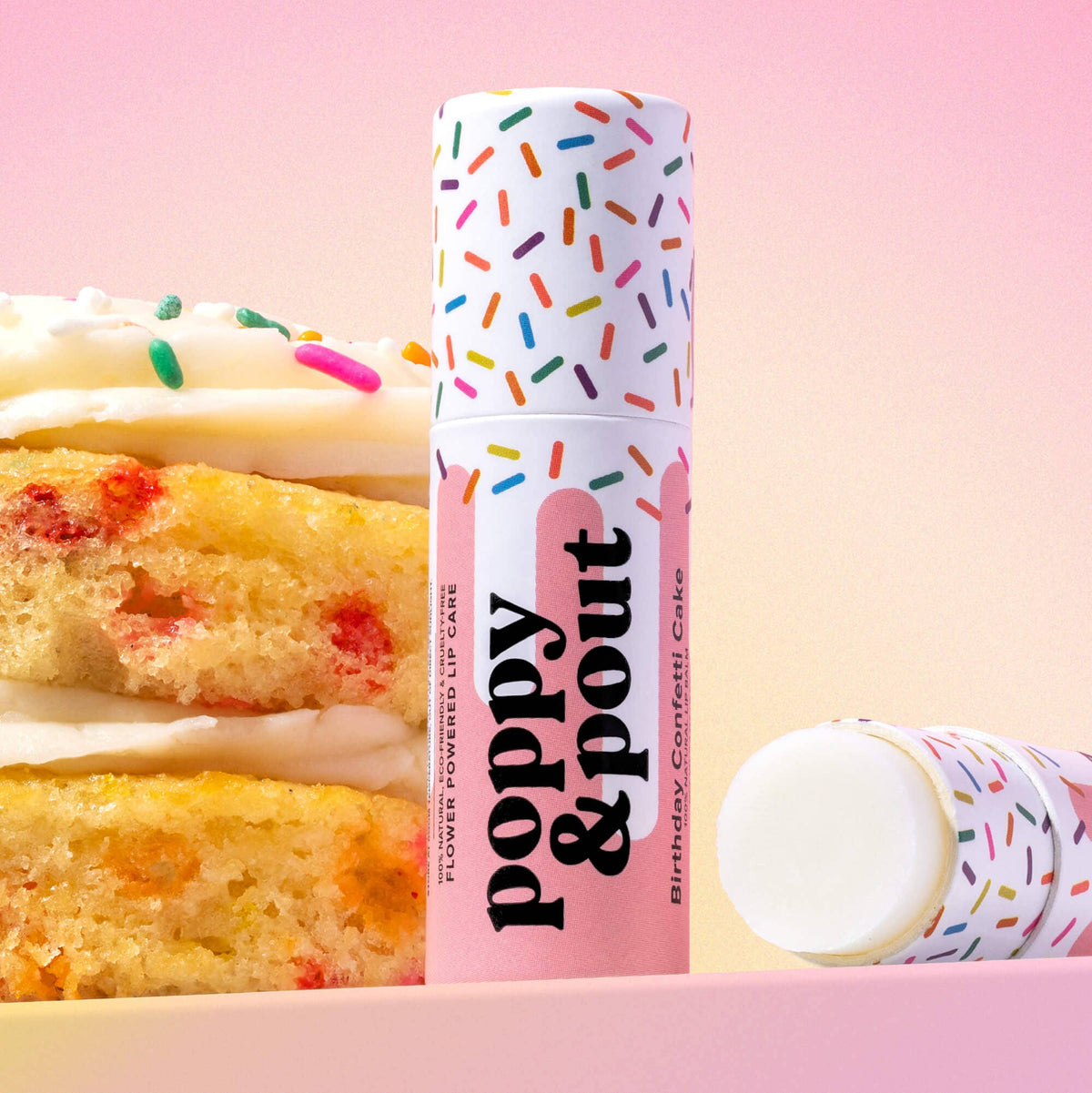 Poppy & Pout natural lip balm in Birthday Confetti Cake, eco-friendly tube, view 3