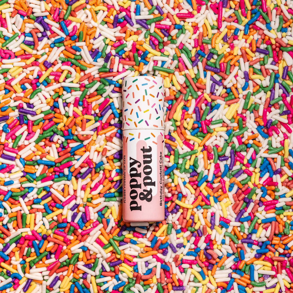 Poppy & Pout natural lip balm in Birthday Confetti Cake, eco-friendly tube, view 5