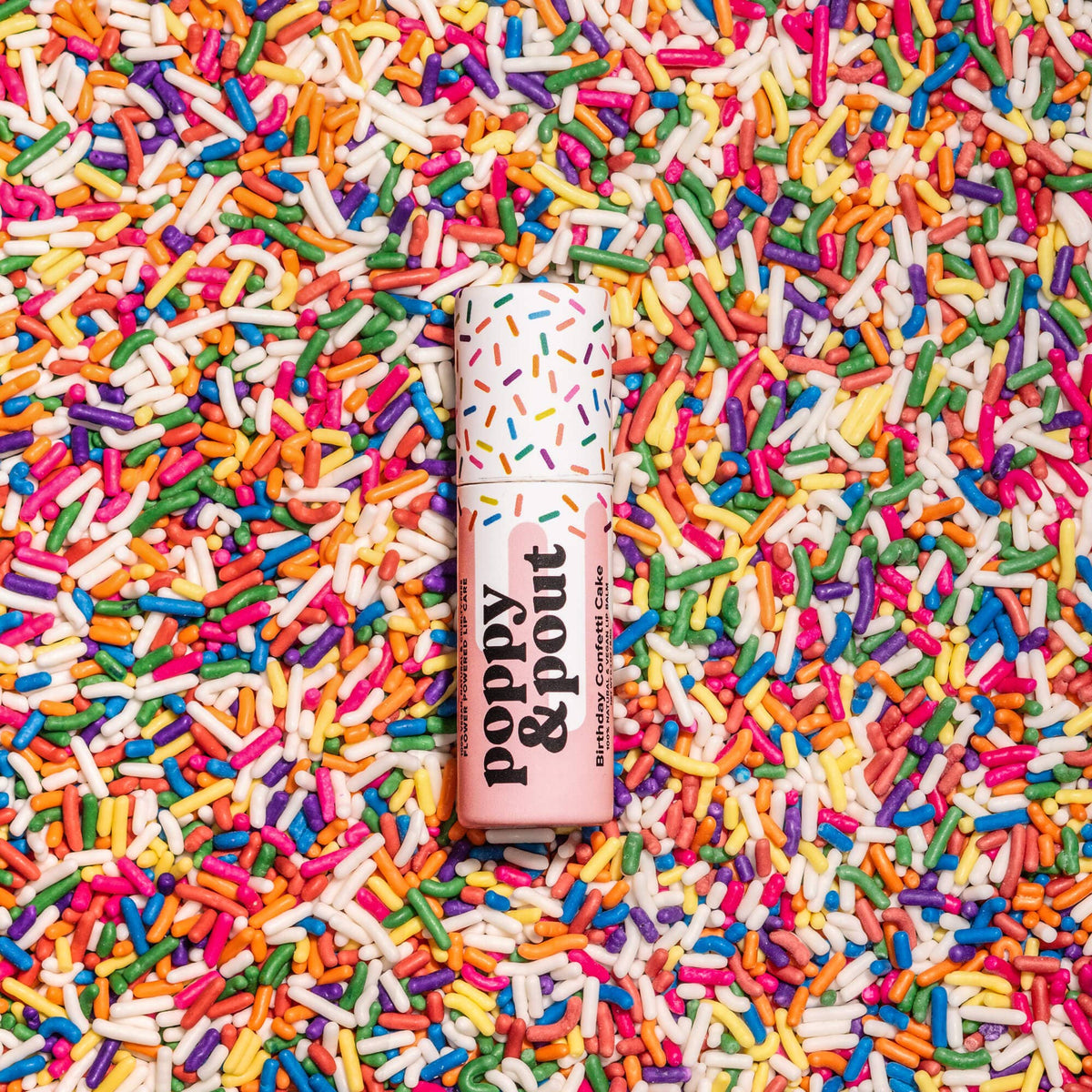Poppy & Pout natural lip balm in Birthday Confetti Cake, eco-friendly tube, view 5