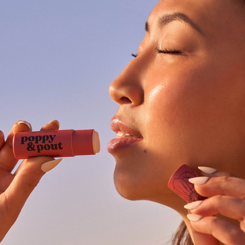 Poppy & Pout natural lip balm in Pomegranate Peach, eco-friendly tube, view 4
