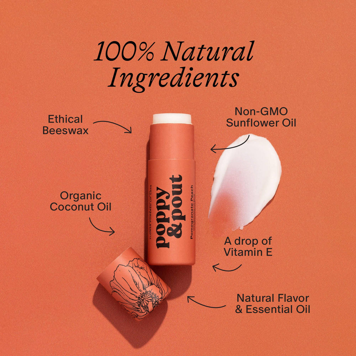 Poppy & Pout natural lip balm in Pomegranate Peach, eco-friendly tube, view 3