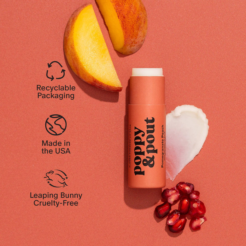 Poppy & Pout natural lip balm in Pomegranate Peach, eco-friendly tube, view 6