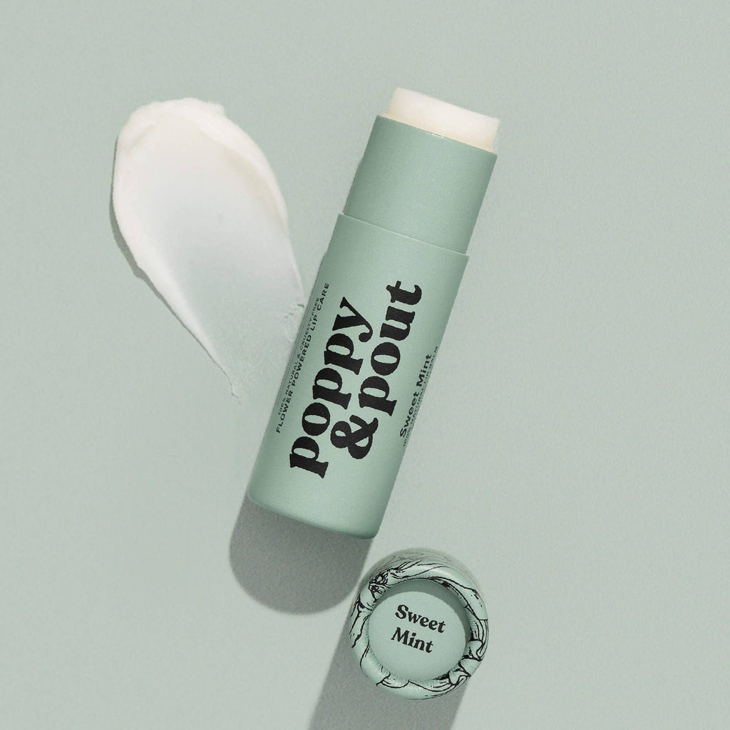 Poppy & Pout natural lip balm in Sweet Mint, eco-friendly tube