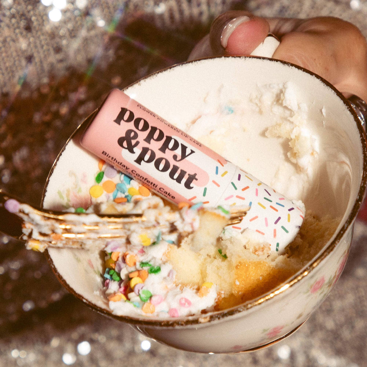 Poppy & Pout natural lip balm in Birthday Confetti Cake, eco-friendly tube, view 4