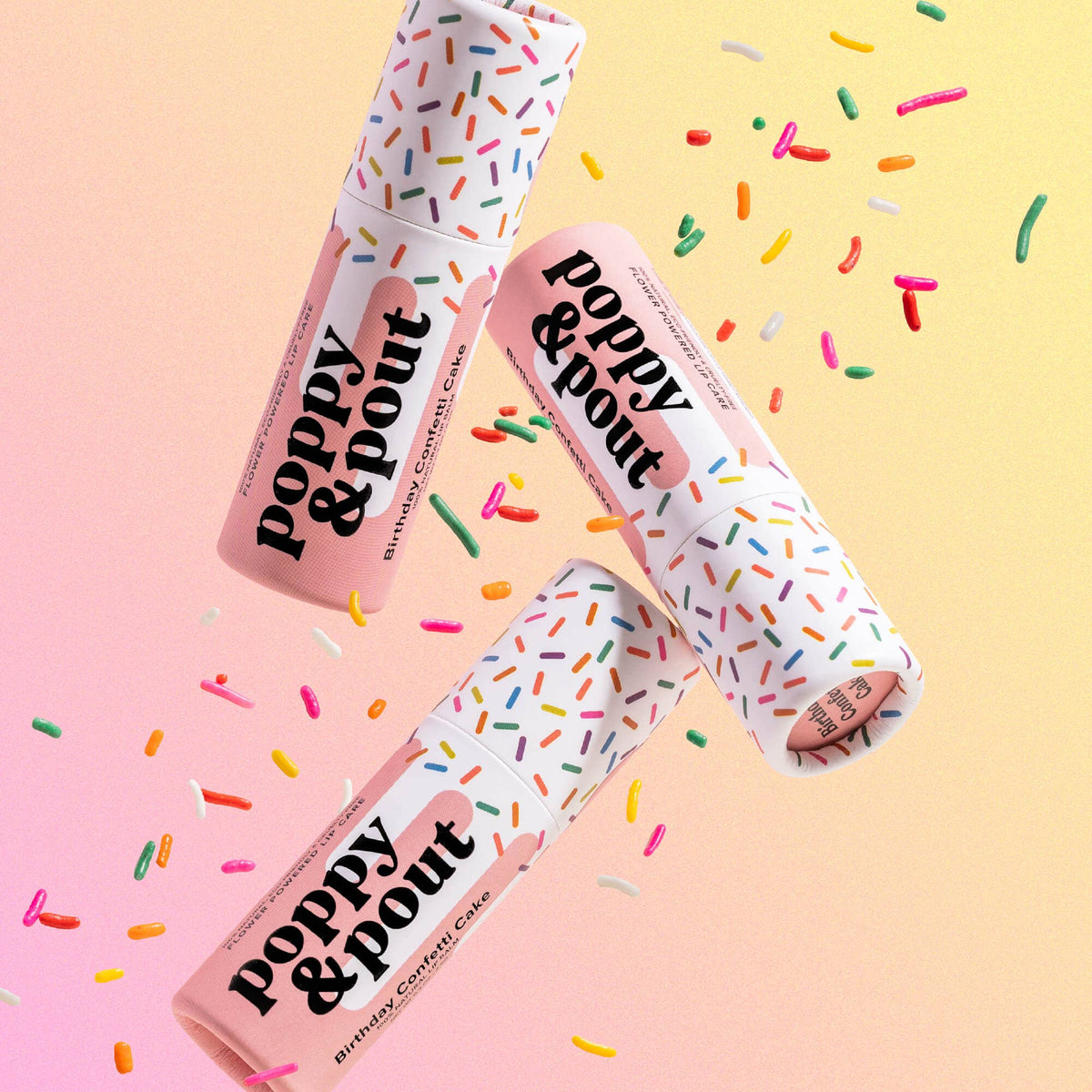Poppy & Pout natural lip balm in Birthday Confetti Cake, eco-friendly tube, view 2